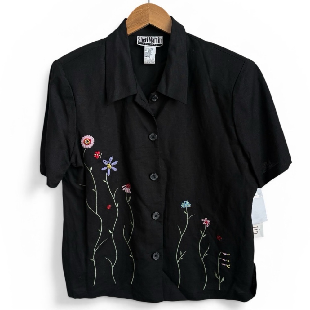 Vintage Sheri Martin New York Linen Blend Embroidered Floral Button Front Top